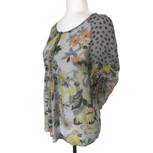 ANTHROPOLOGIE Edme & Esyllte 100% Silk Blouse Top Size S Semi Sheer Gray Floral - Picture 3 of 7